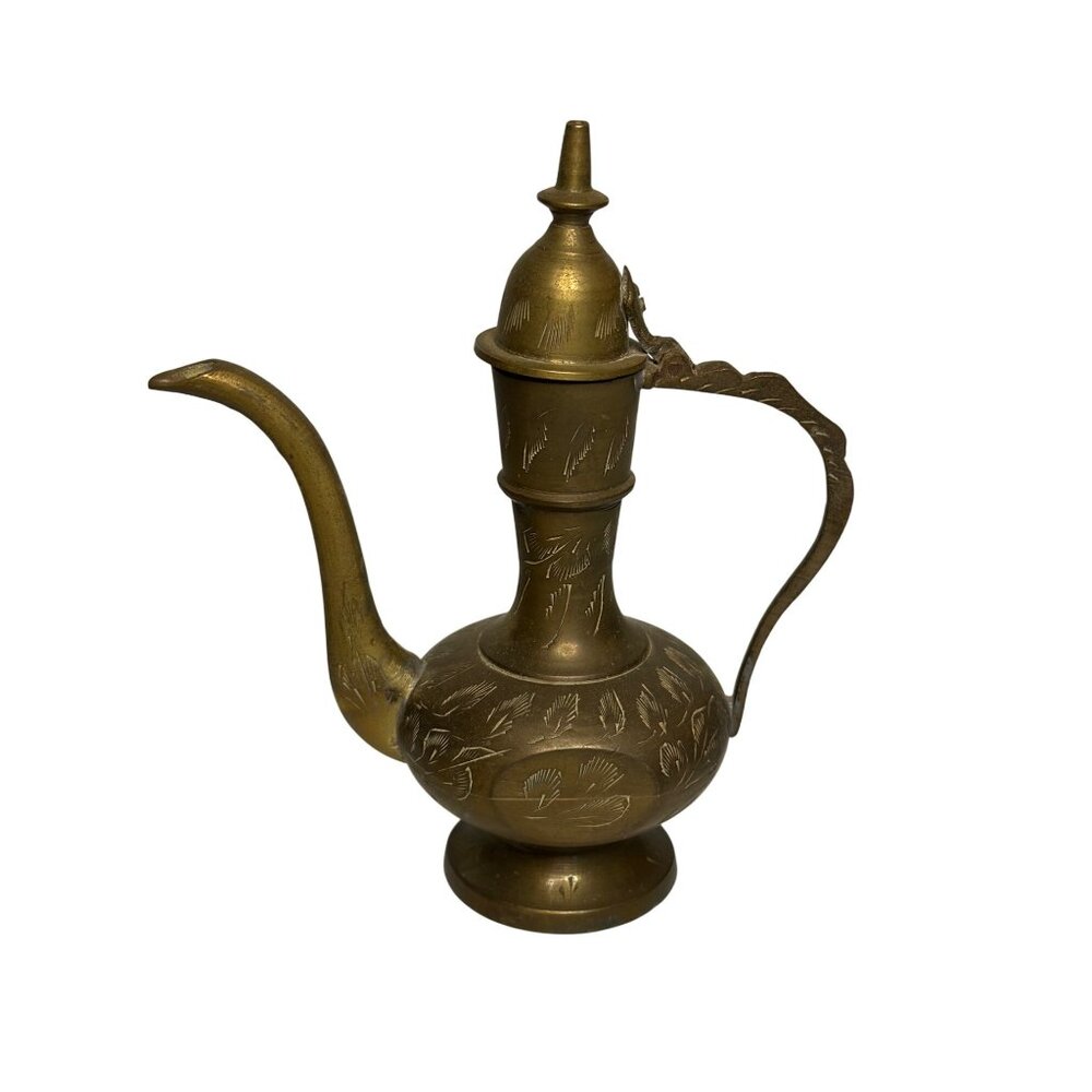 VTG 1980s Brass Teapot Pitcher Etched Leaves Ornate Collectible Retro Home Decor